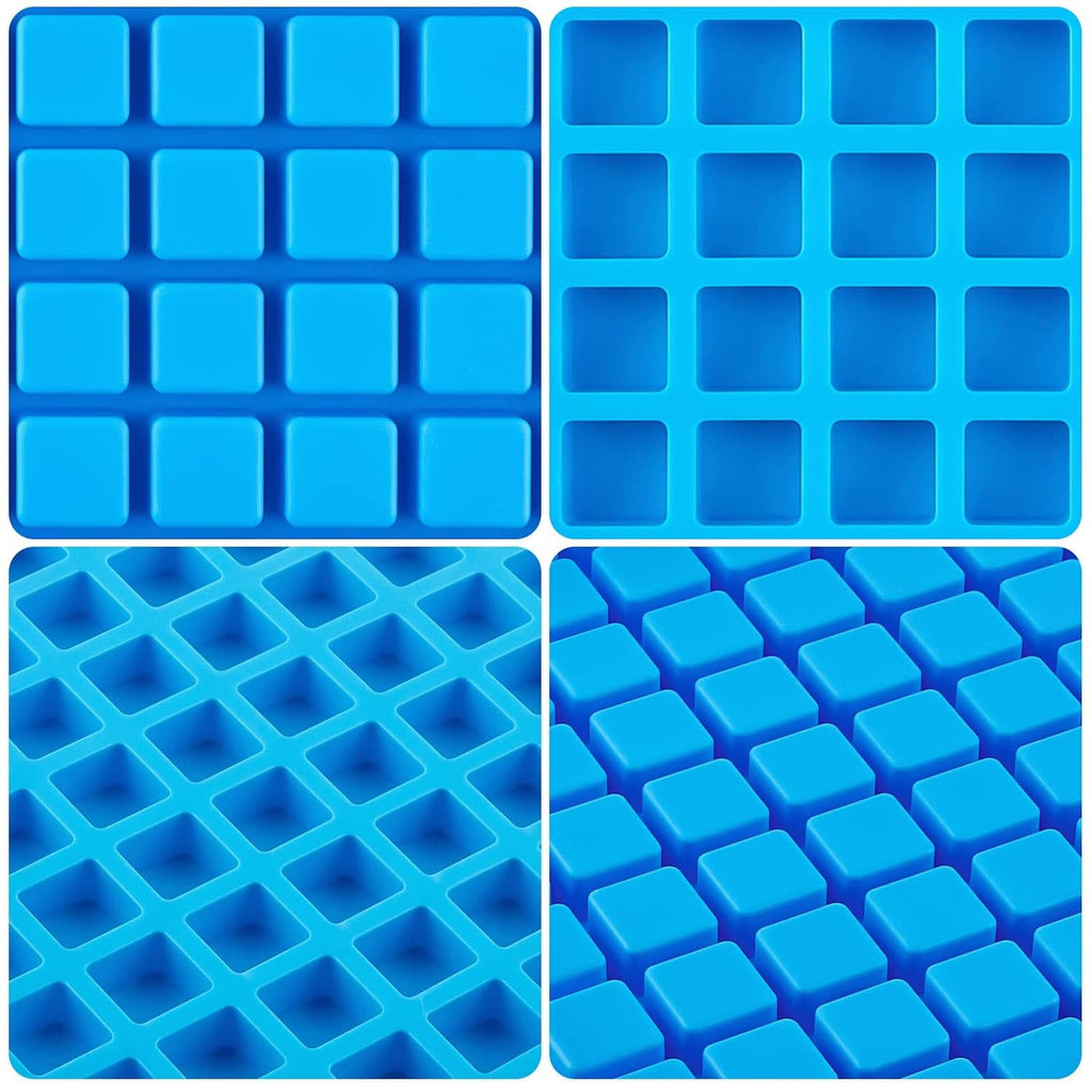 Blue silicone mold with grid of square cavities, showing close-up cavity shapes