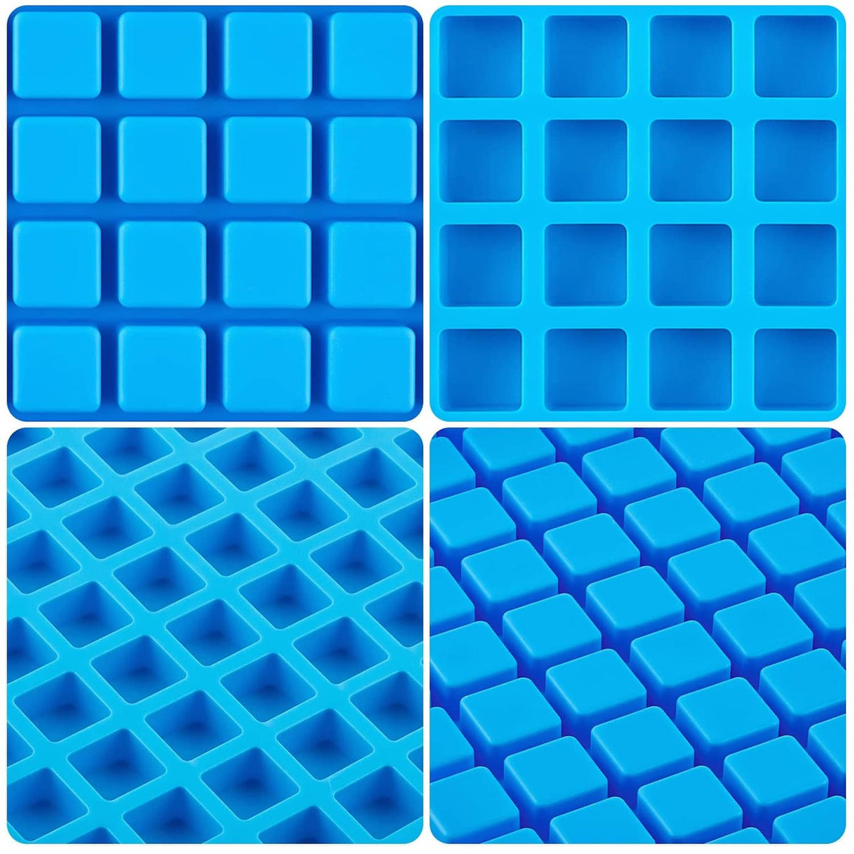 Blue silicone mold with grid of square cavities, showing close-up cavity shapes