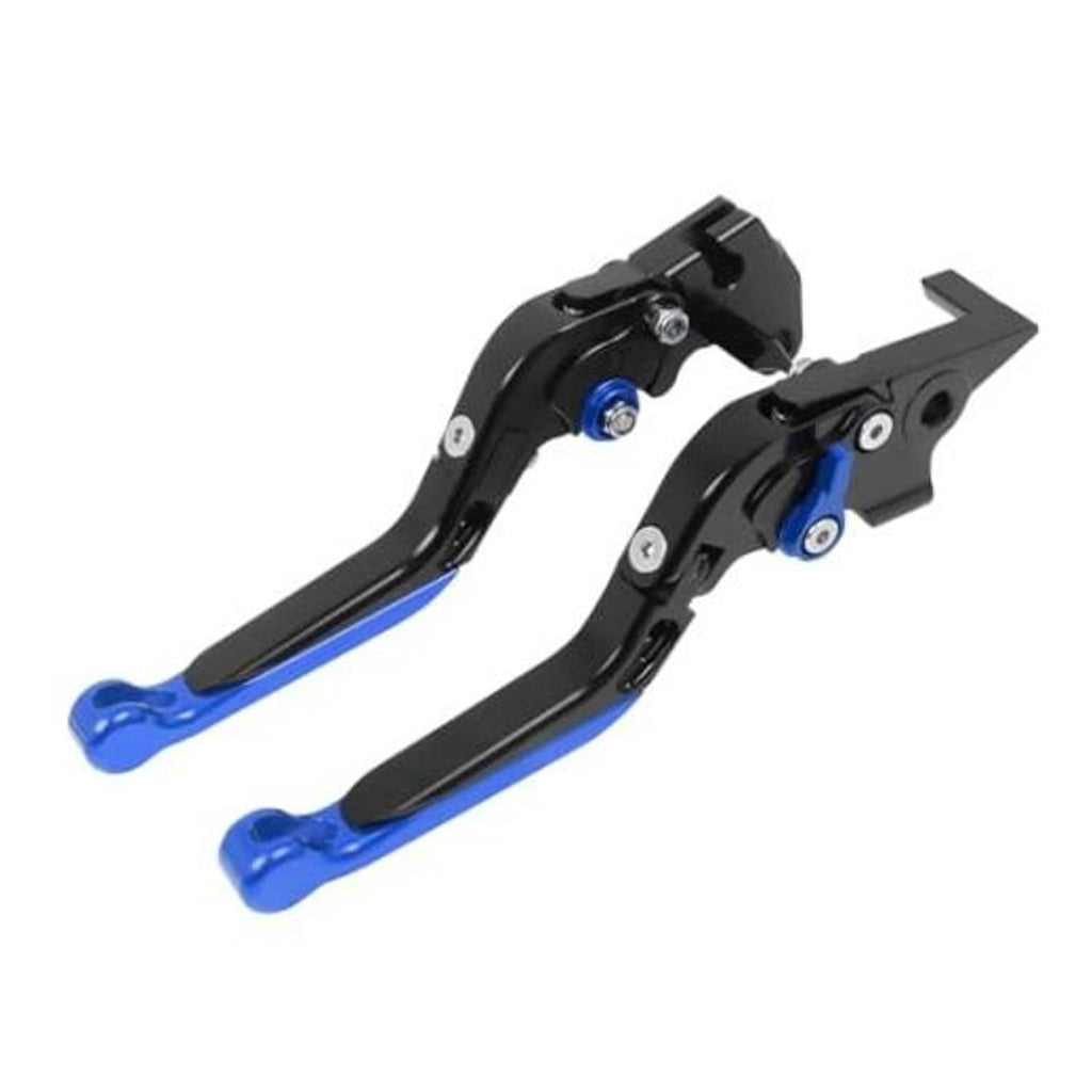 Black brake and clutch levers with blue tips and adjustment screw hardware