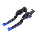 Black brake and clutch levers with blue tips and adjustment screw hardware