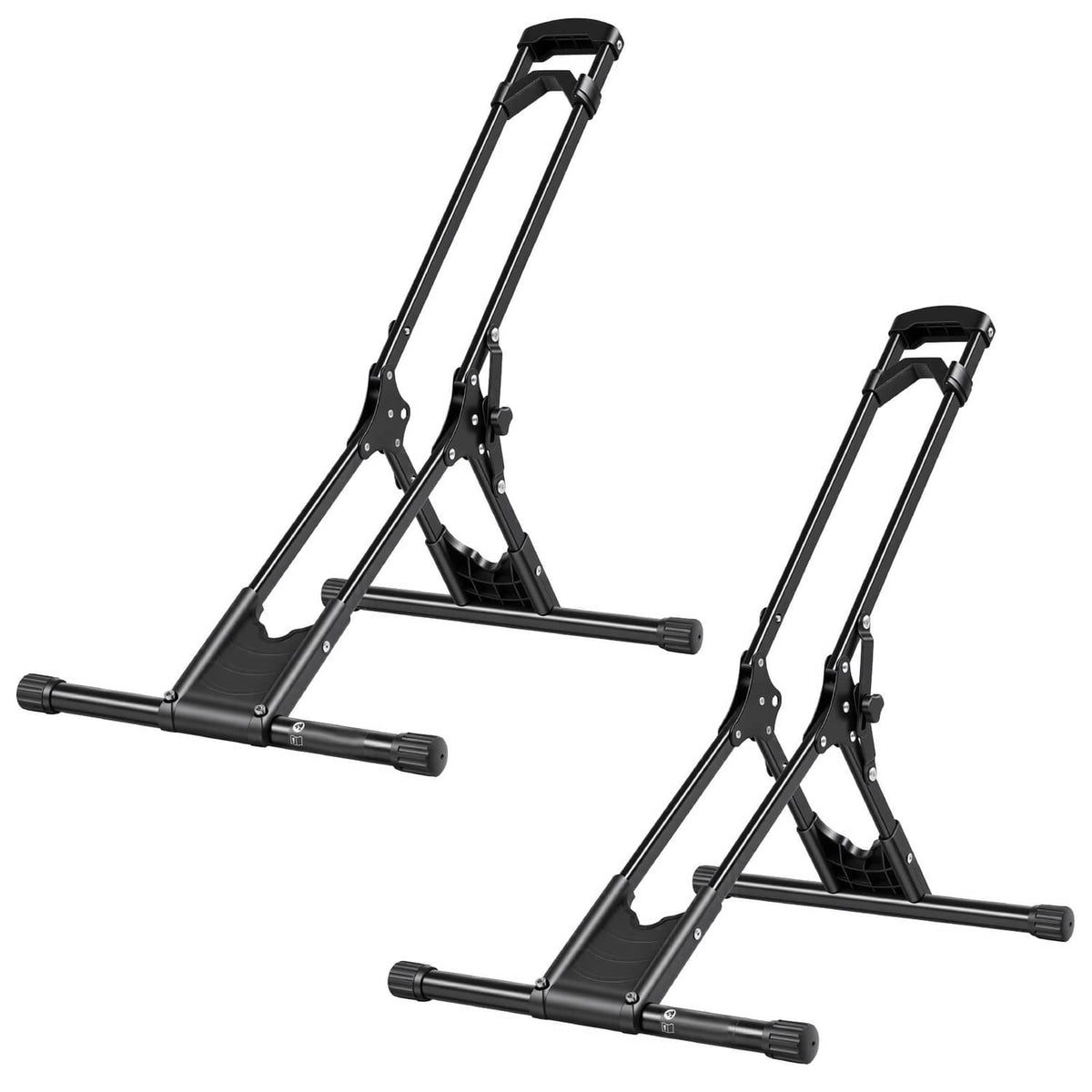 Foldable black bike storage rack pair with V-frame stands and wheel cradles