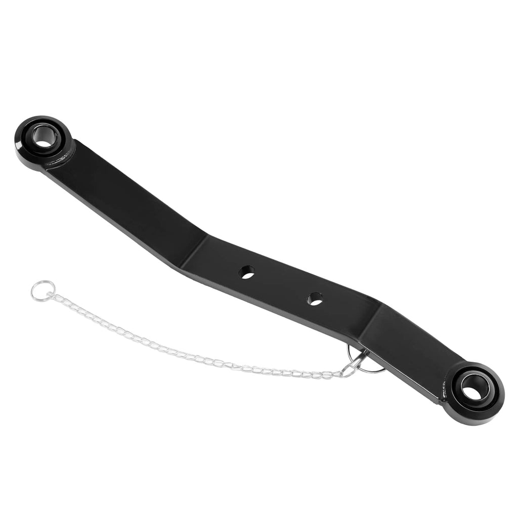 Black 3-point hitch lift arm with chain and two pivot ends, long flat bar design