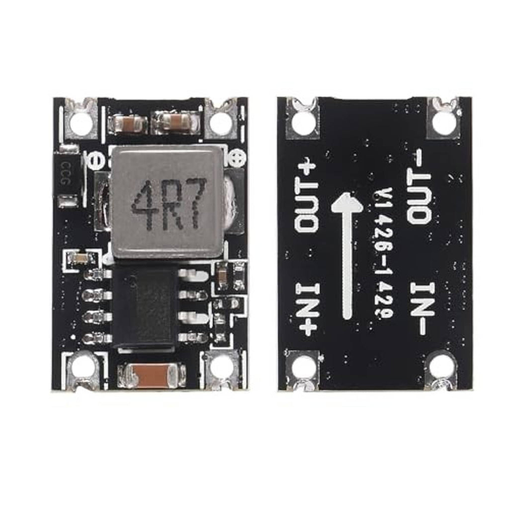 DC-DC power module PCB showing IN and OUT terminals with regulator IC