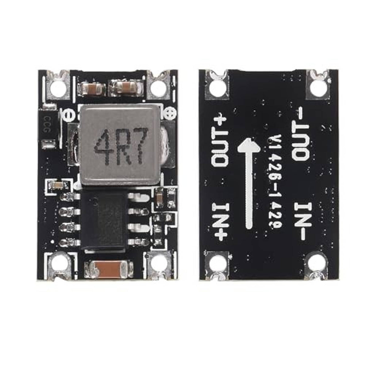 DC-DC power module PCB showing IN and OUT terminals with regulator IC