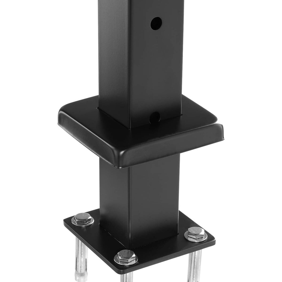 Black cable railing post base plates with bolts and welded bracket top