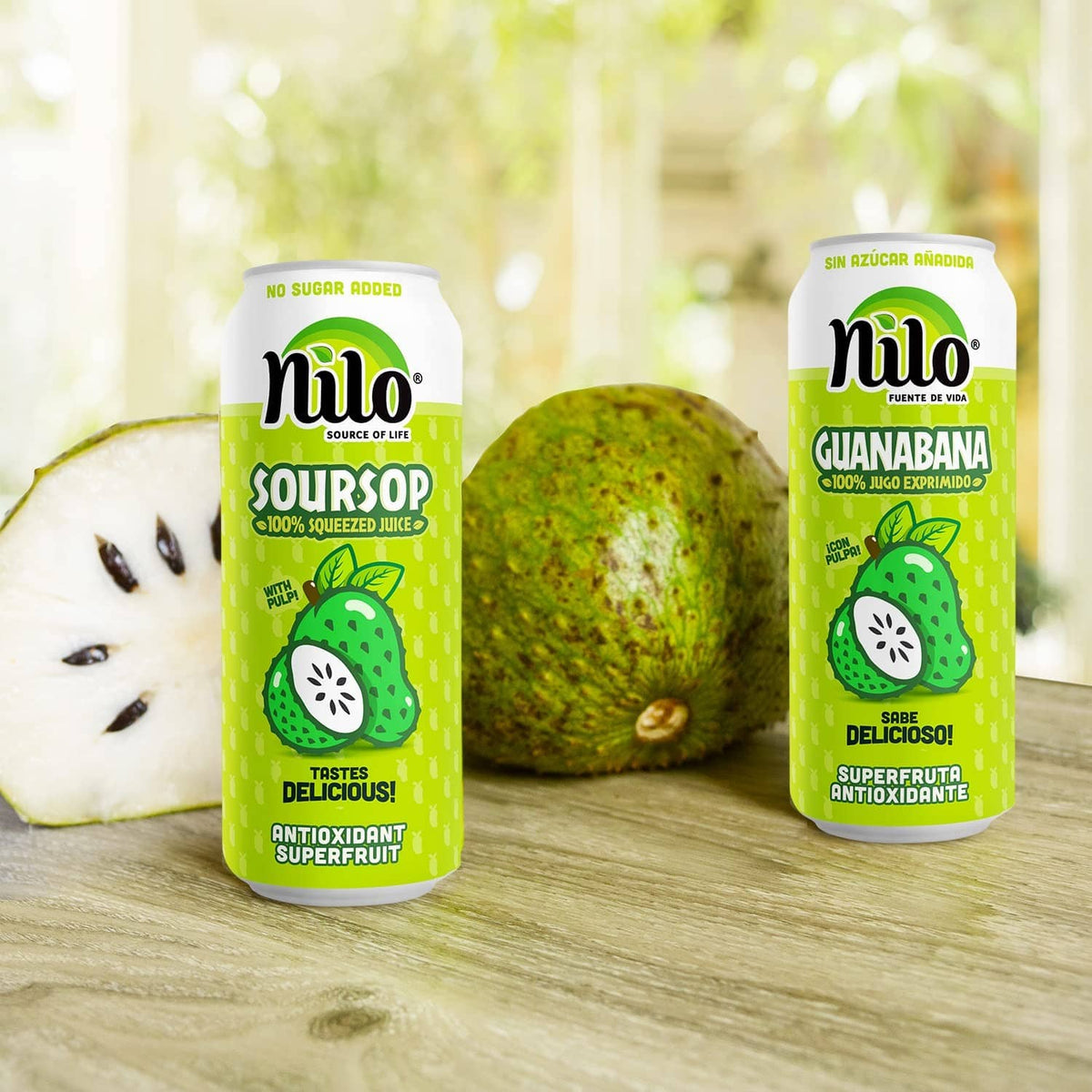 NILO soursop juice cans with guanabana fruit beside, green label