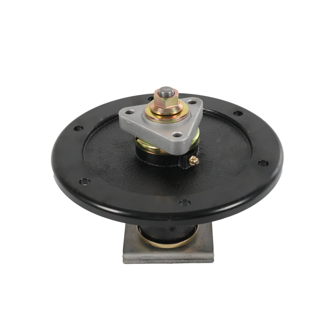 Black mower deck spindle with round base plate, top bolt, and side grease fitting