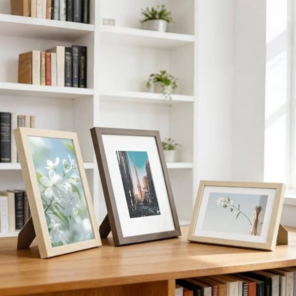 Natural wood veneer picture frame set standing on tabletop for photo display