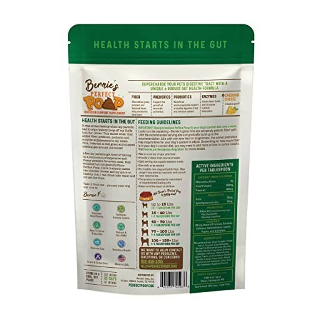 Dog digestion supplement pouch back panel with feeding guidelines and ingredient info