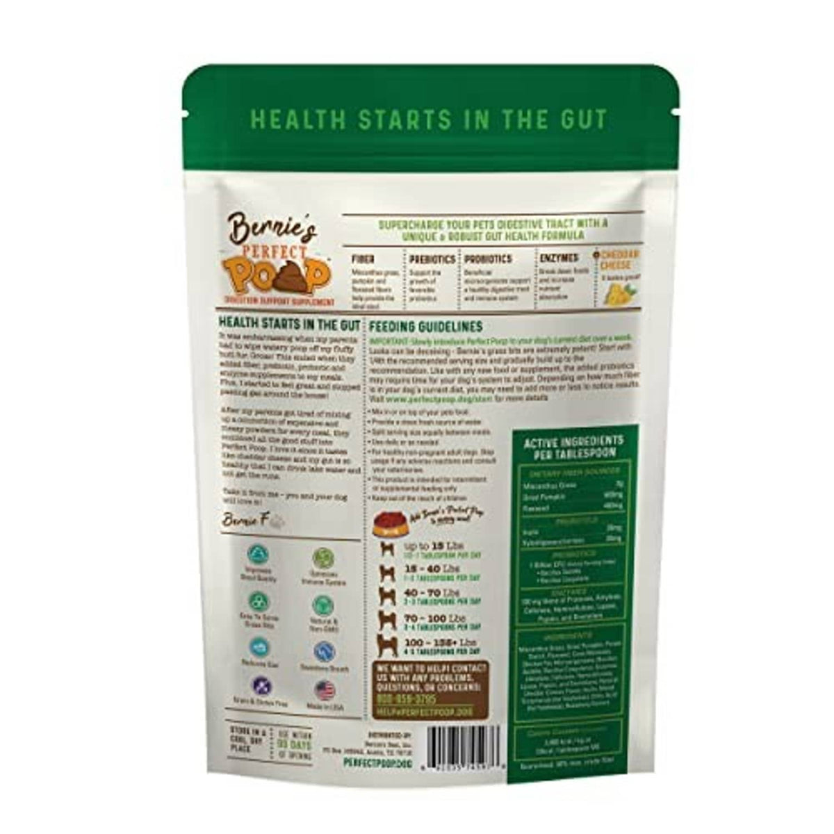 Dog digestion supplement pouch back panel with feeding guidelines and ingredient info