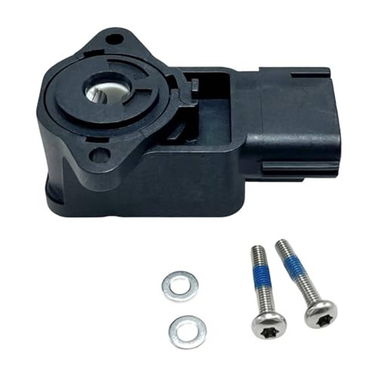 Throttle position sensor with mounting screws and washers, black electrical connector