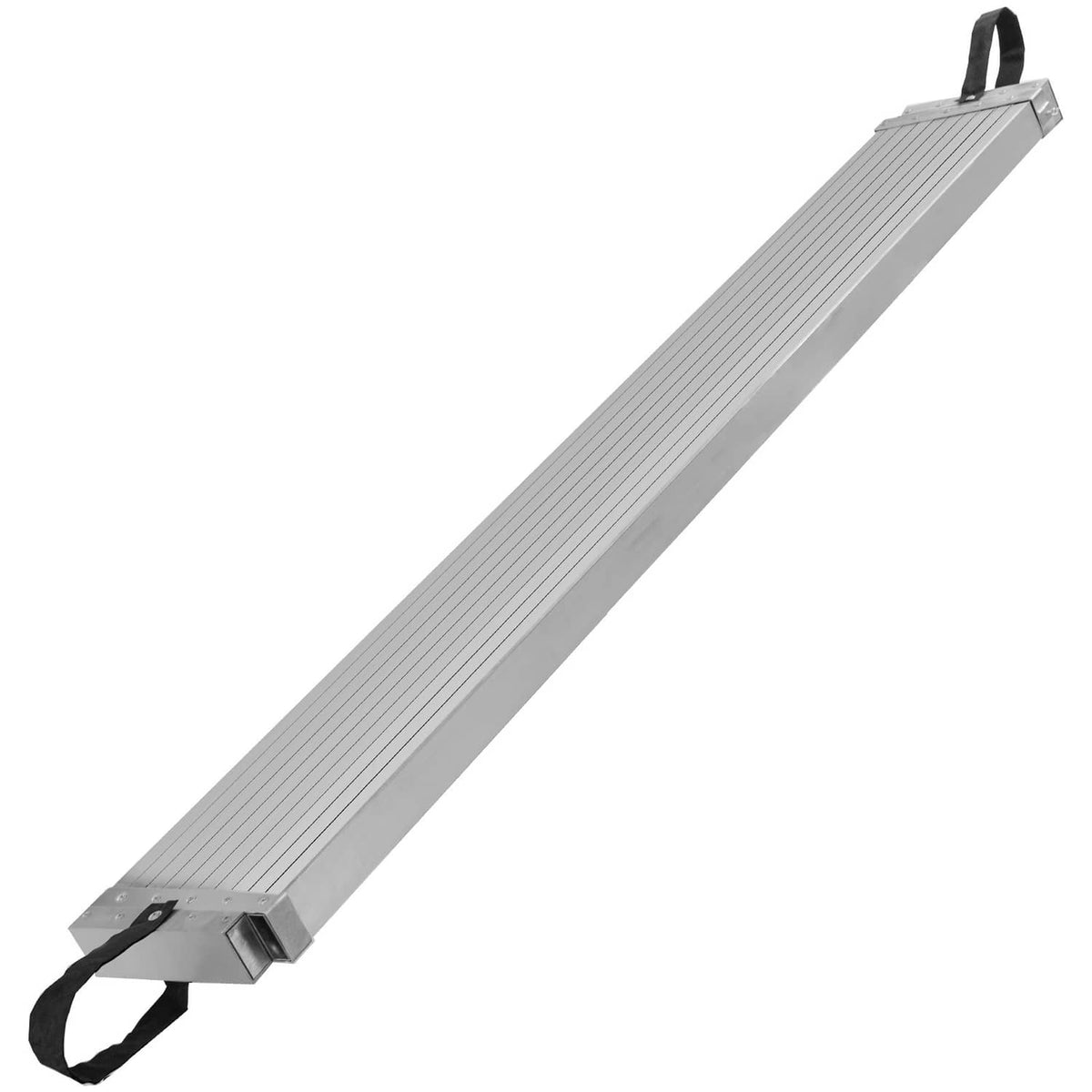Aluminum telescoping scaffold plank with ribbed tread, end brackets, and carry straps