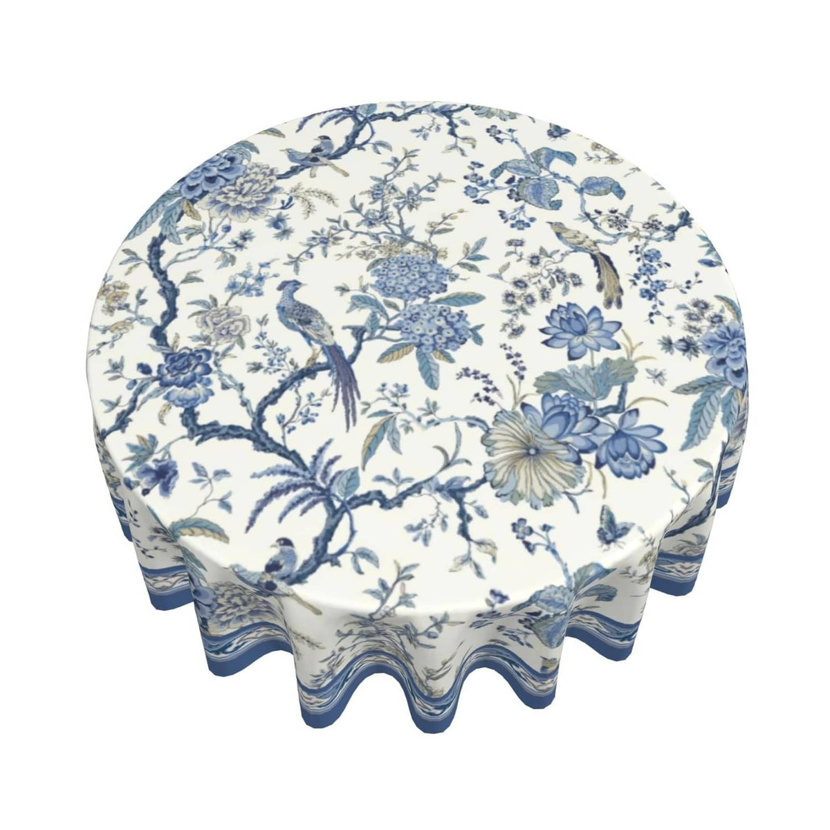 Round blue-and-white tablecloth with repeating bird and blossom pattern