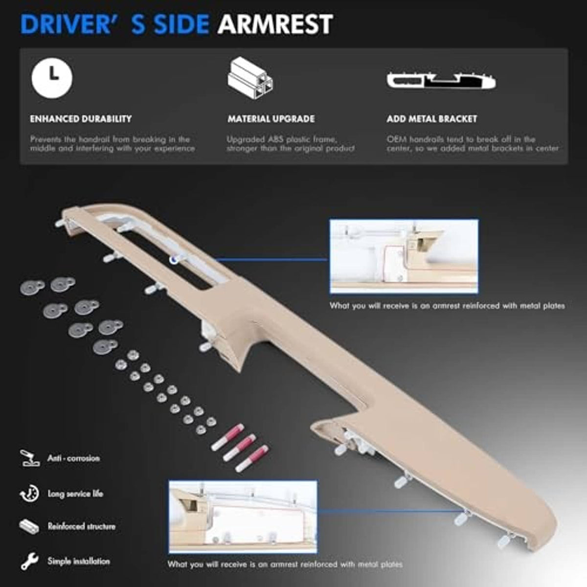 Tan driver-side armrest repair diagram with metal upgrade plate and mounting hardware