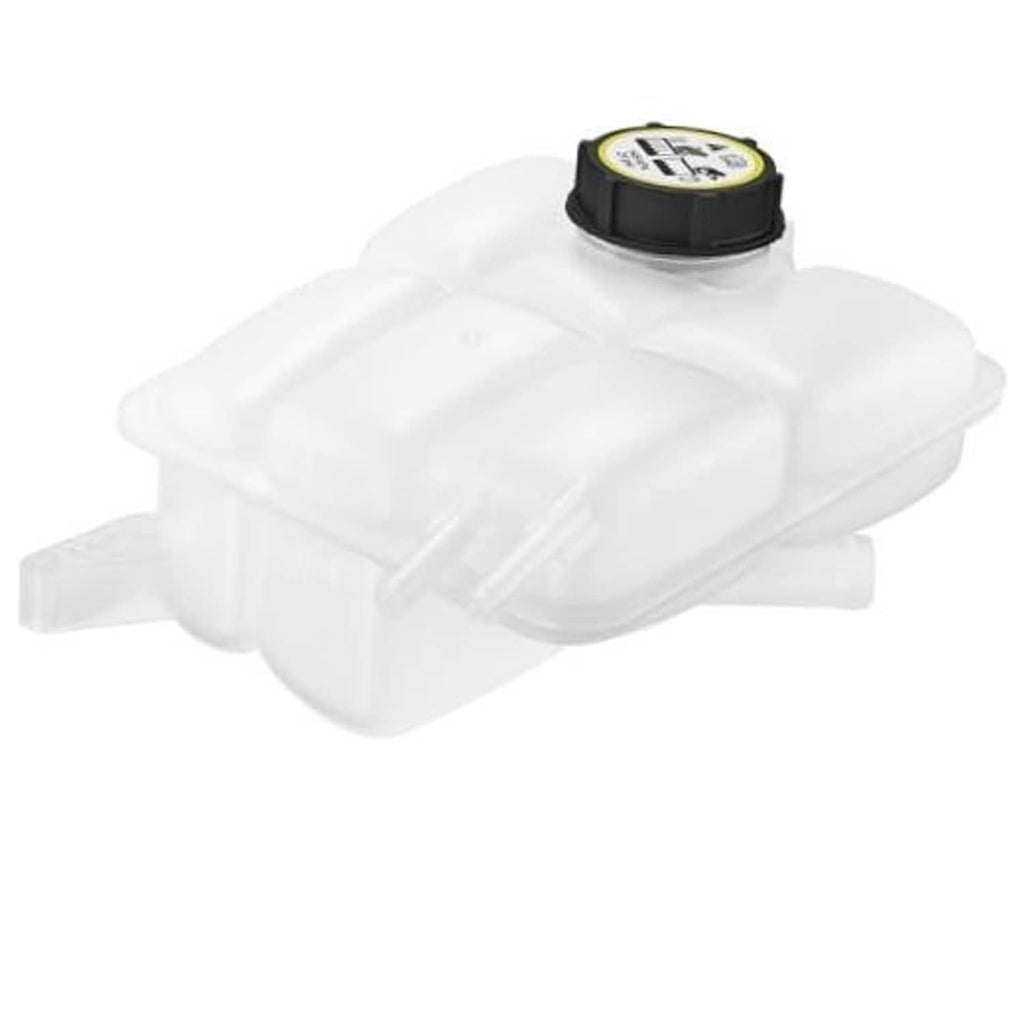 Coolant reservoir tank with black cap, white plastic body