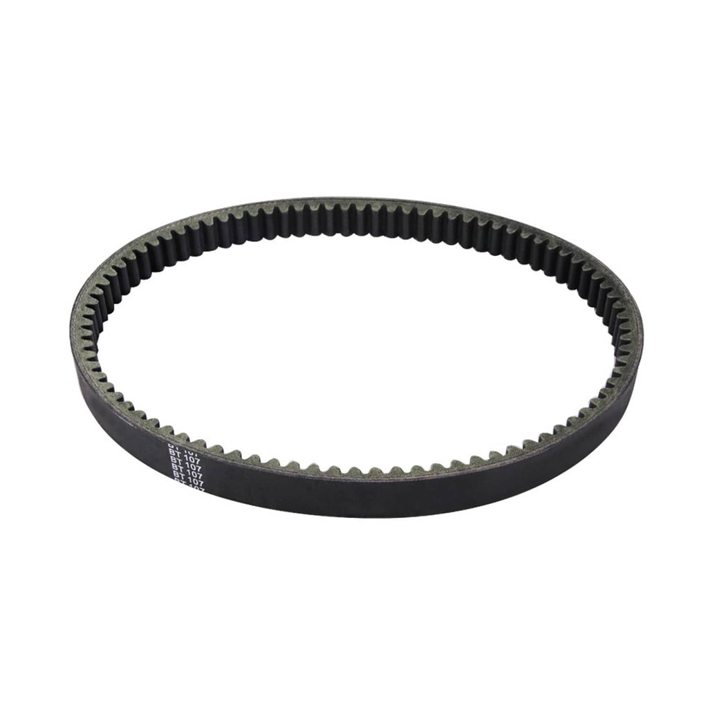 Black toothed drive belt loop with ribbed sides and evenly spaced teeth