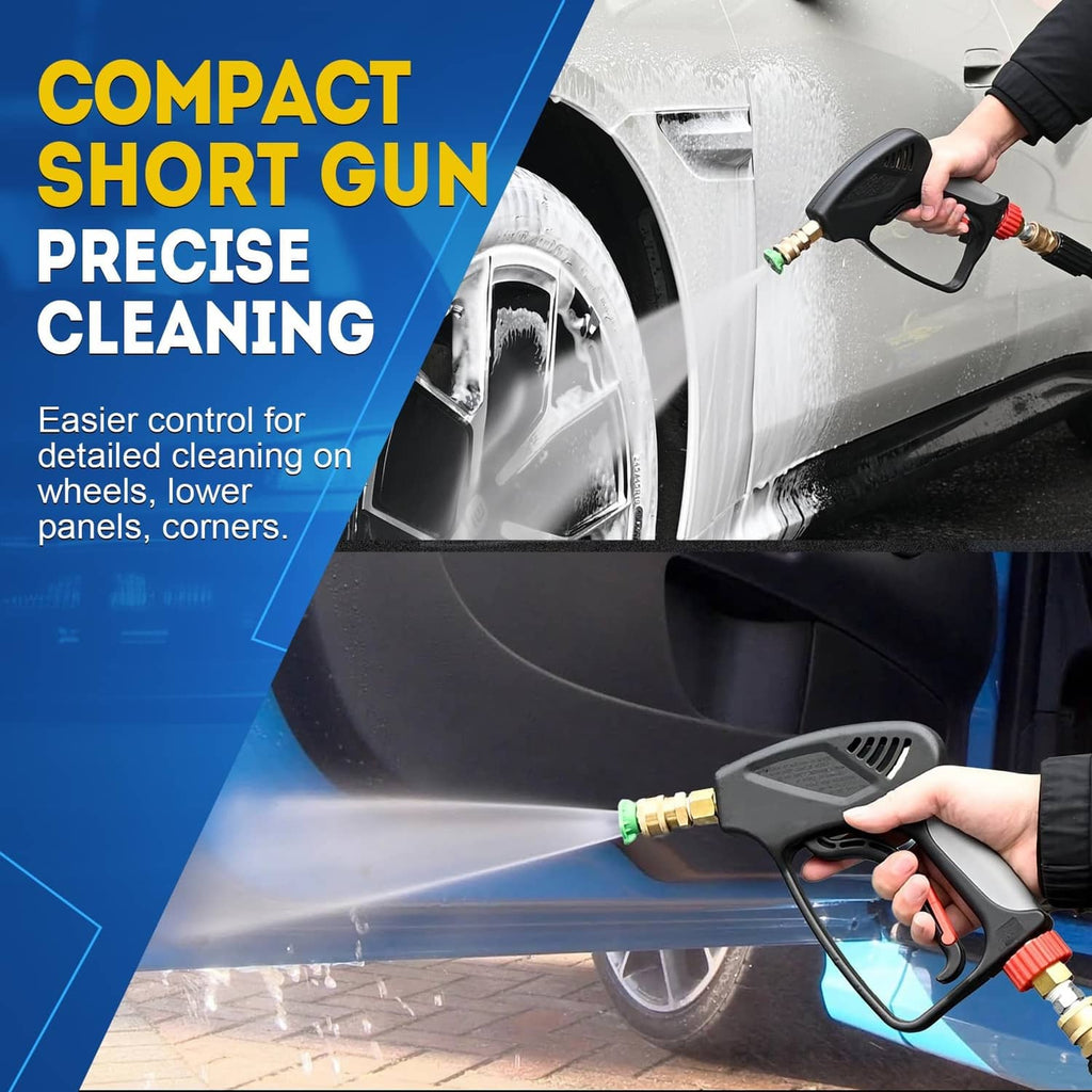 Compact black pressure washer gun with adjustable spray stream and brass connection
