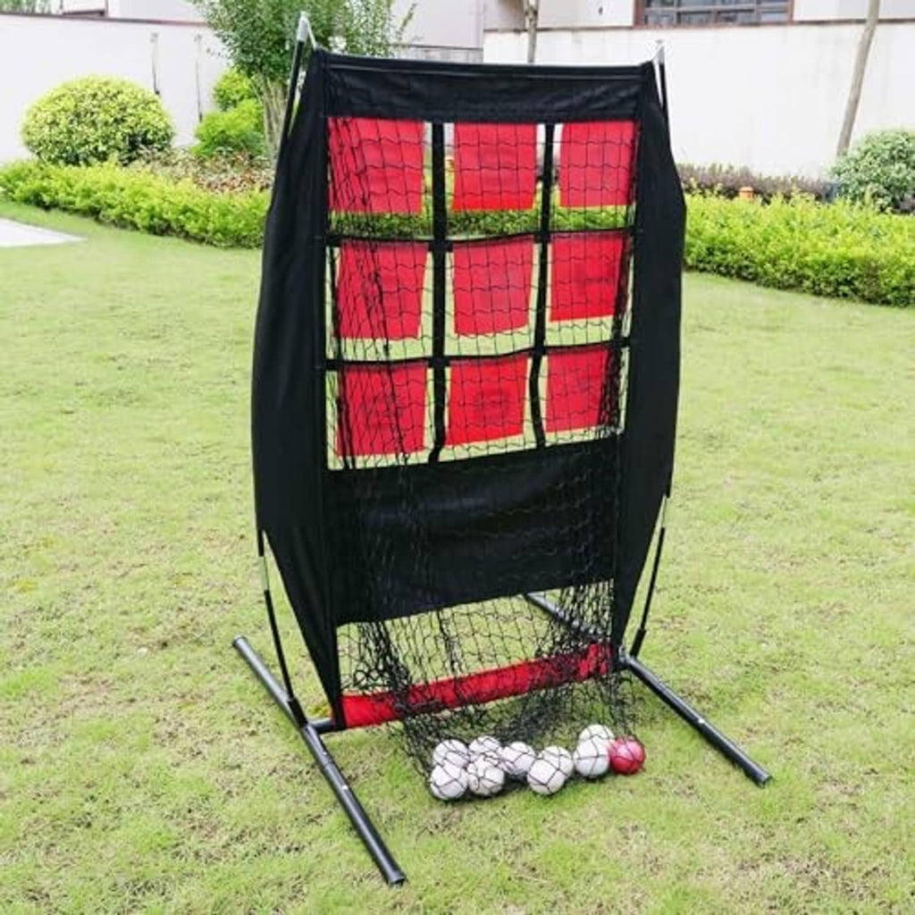 Outdoor pitching target net with black frame, red base, and red-and-black numbered grid