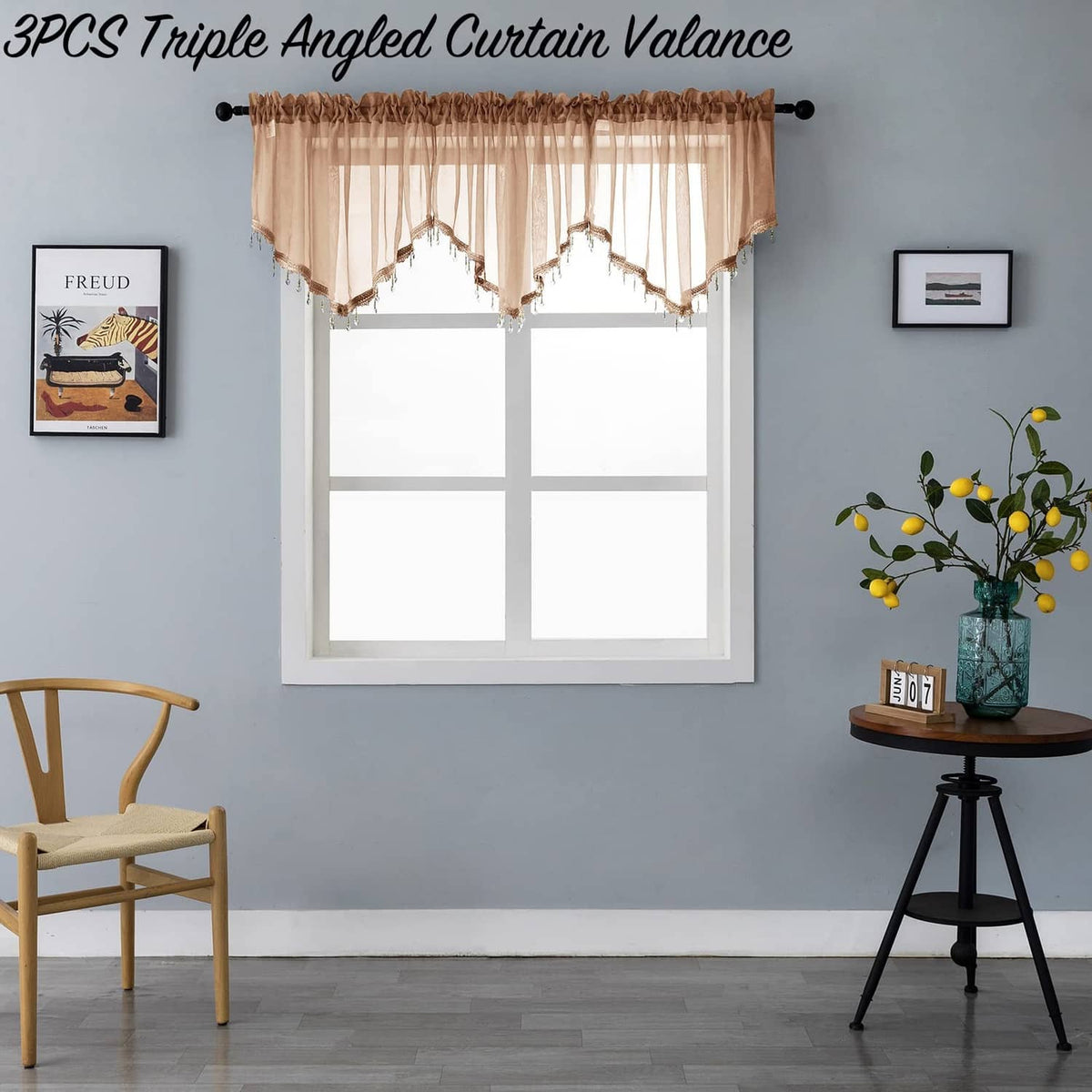Brown beaded sheer valance curtain with gathered top and dangling bead fringe