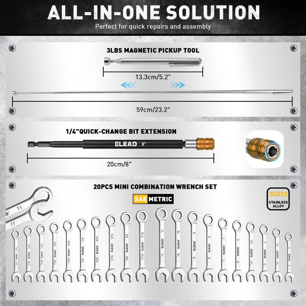 Magnetic impact nut driver kit with magnetic pickup tool, extension, and mini wrenches
