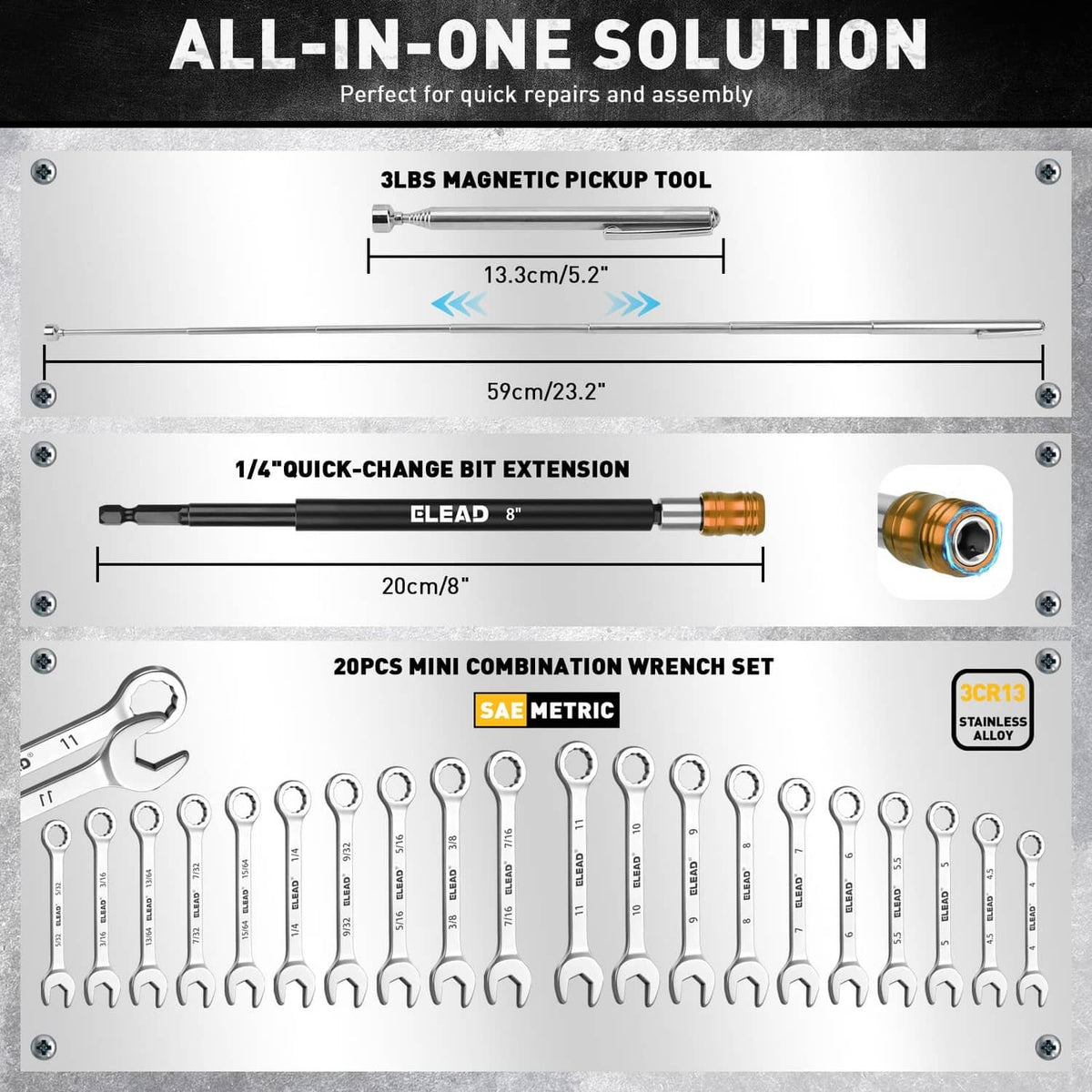 Magnetic impact nut driver kit with magnetic pickup tool, extension, and mini wrenches