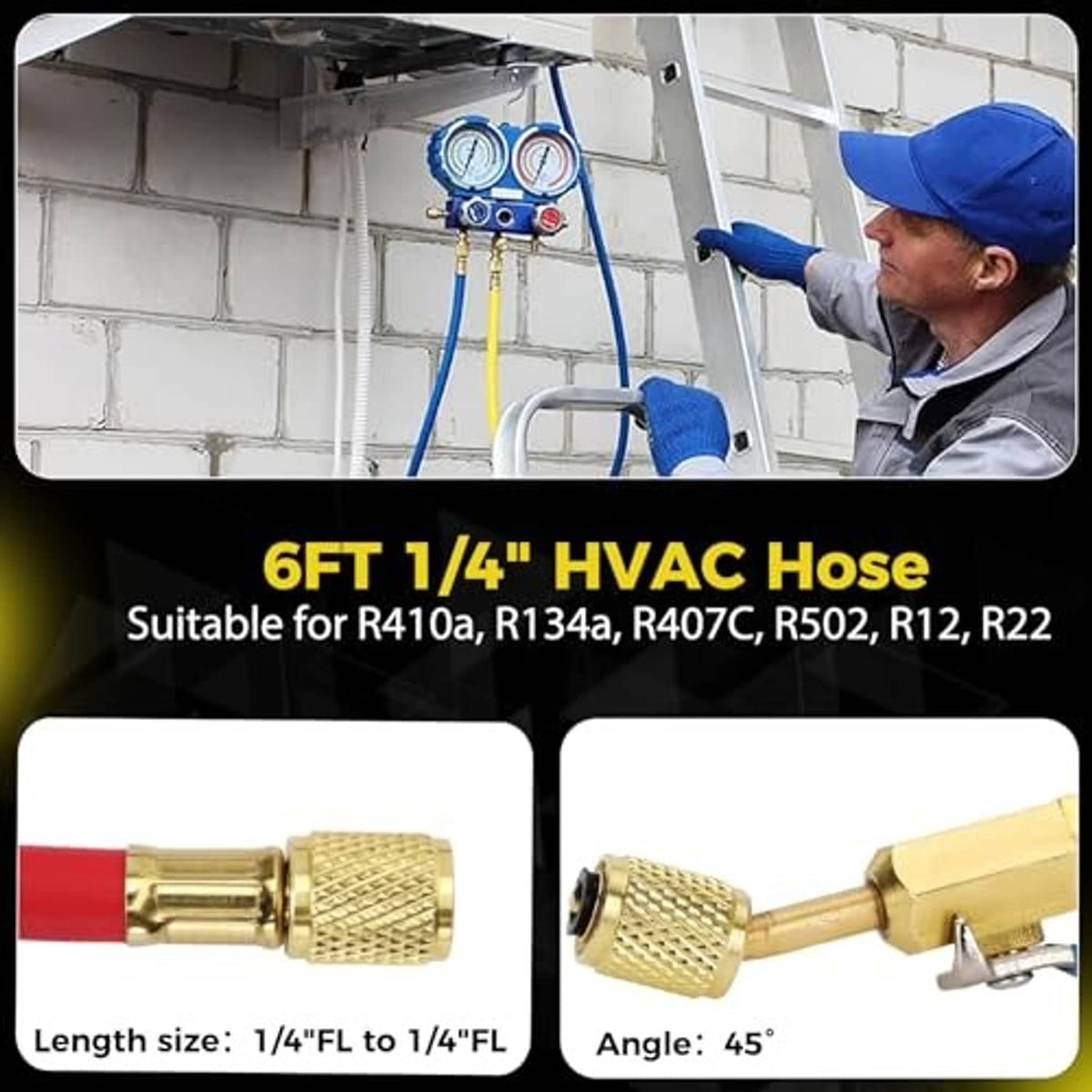 HVAC refrigerant charging hose set with blue manifold gauges and connected blue hoses