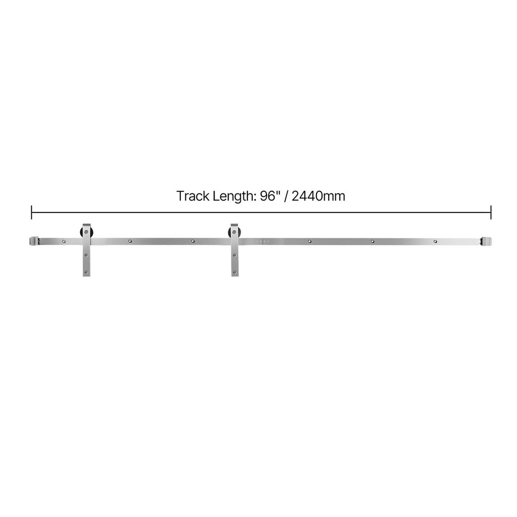 Silver sliding barn door track rail with pre-drilled holes and end supports