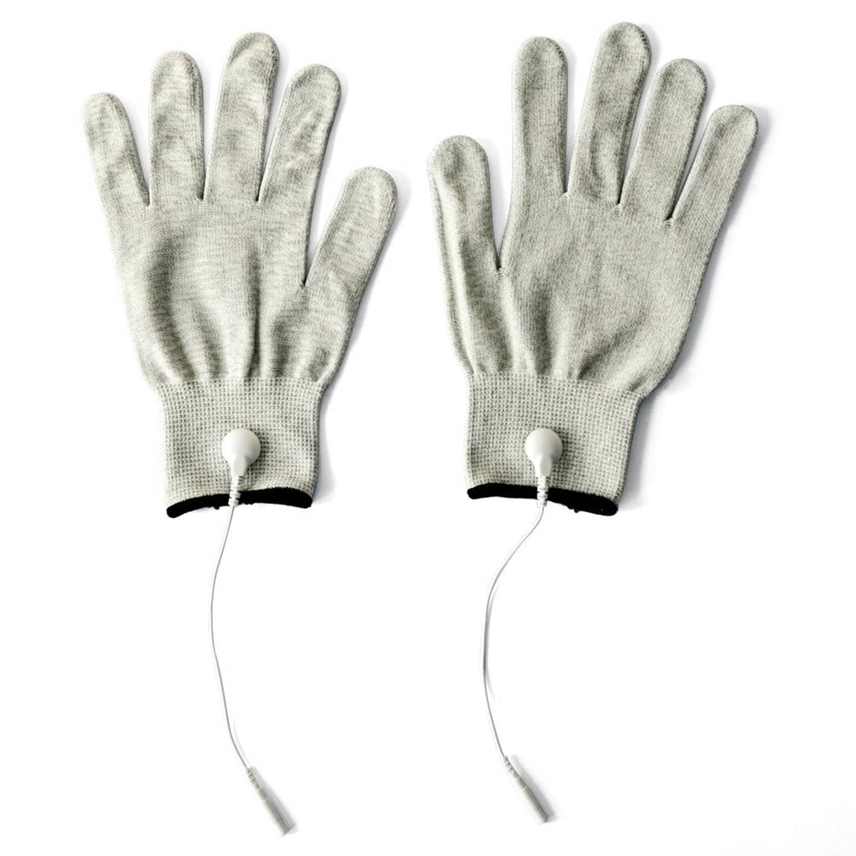 Grey pair of fingered conductive electrode gloves with wired round electrodes