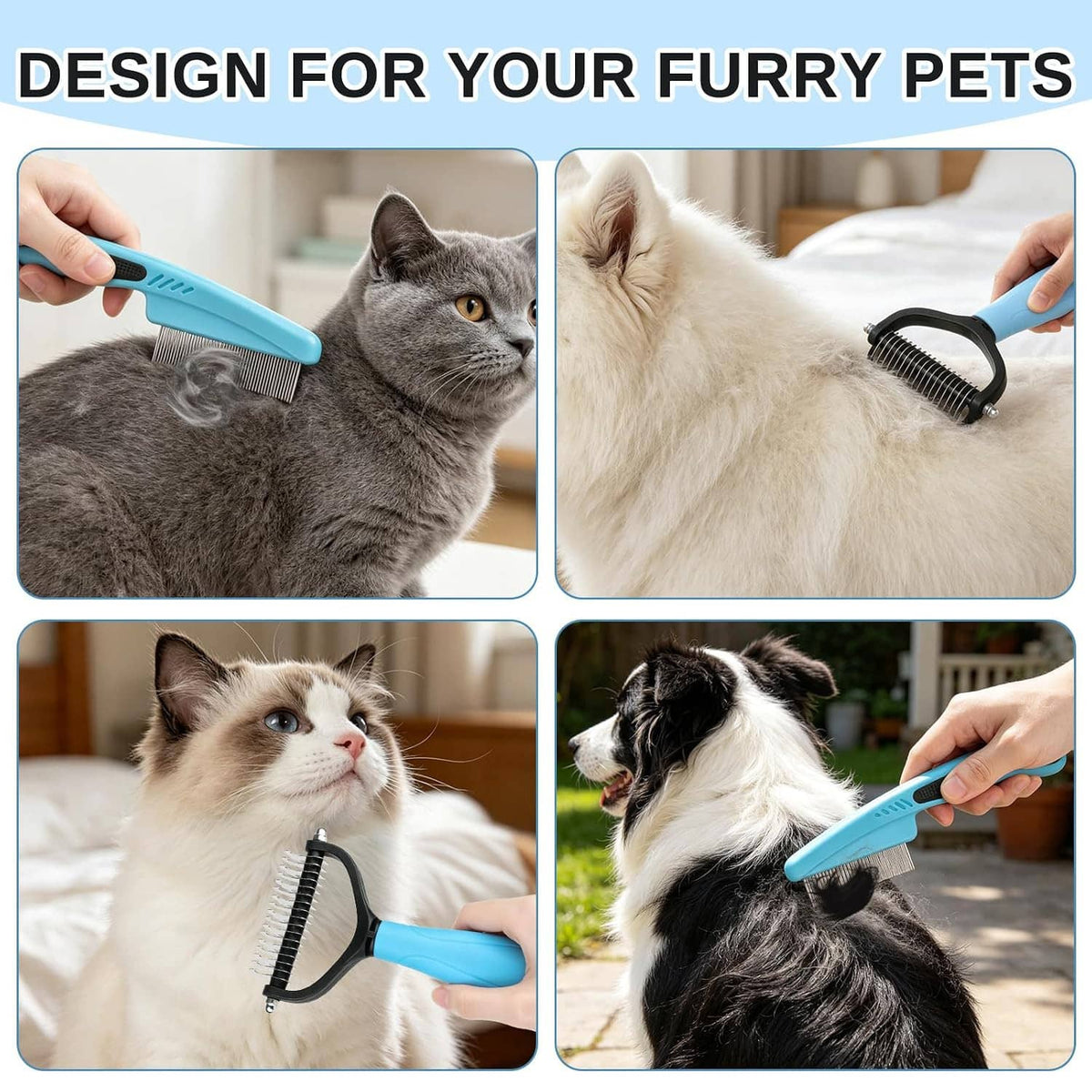 Pet grooming combs set: blue handle flea comb and black de-shedding rake with metal teeth