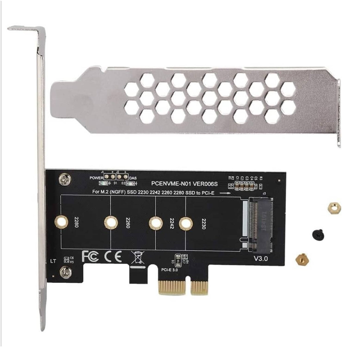 PCIe adapter card close-up with vented full bracket and gold PCIe edge connector