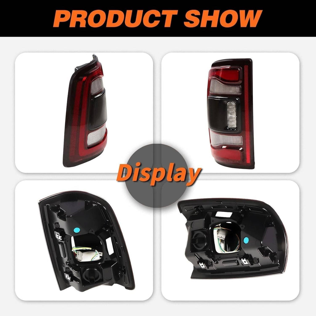 LED tail light product show with front and interior views of the black housing and lens.