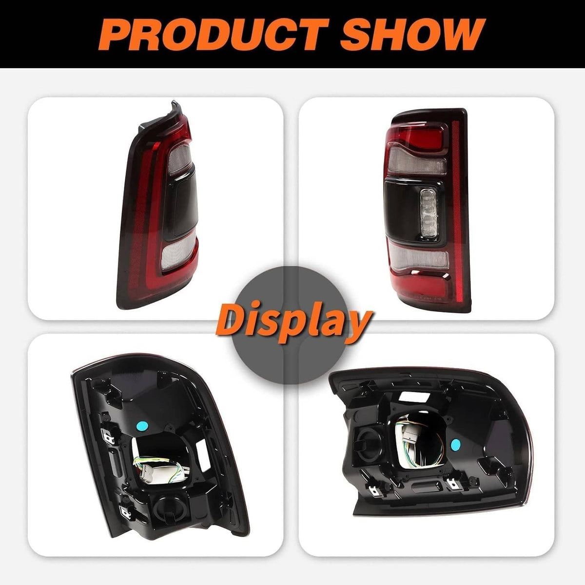 LED tail light product show with front and interior views of the black housing and lens.