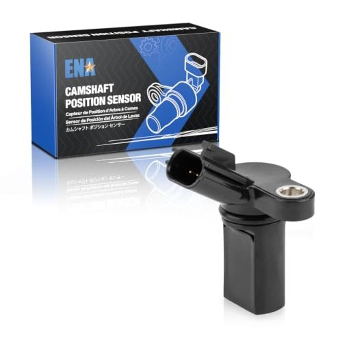 Camshaft position sensor with black body and retail box, side view