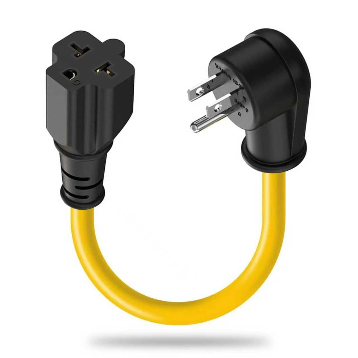 Yellow 1 ft extension cord with NEMA 5-15P plug and right-angle outlet connector