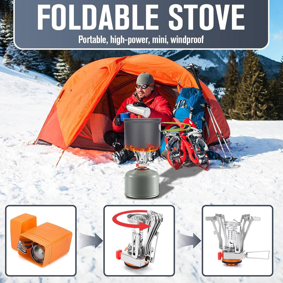 Portable foldable stove with black pot on snow for camping cookware set