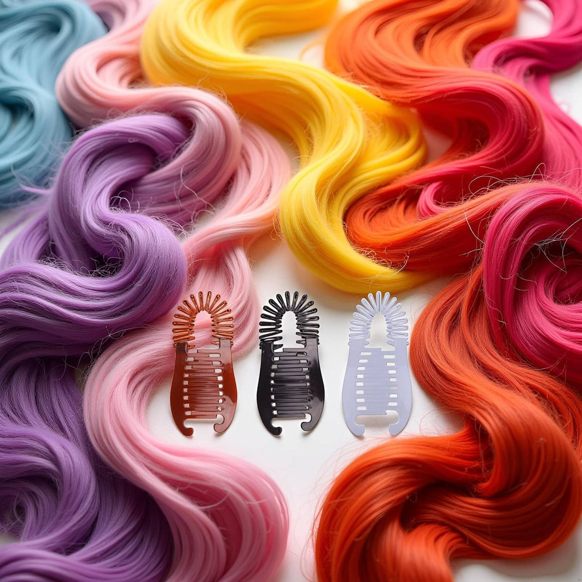 Three elongated banana hair clips at the center: red-brown, black, and light lavender