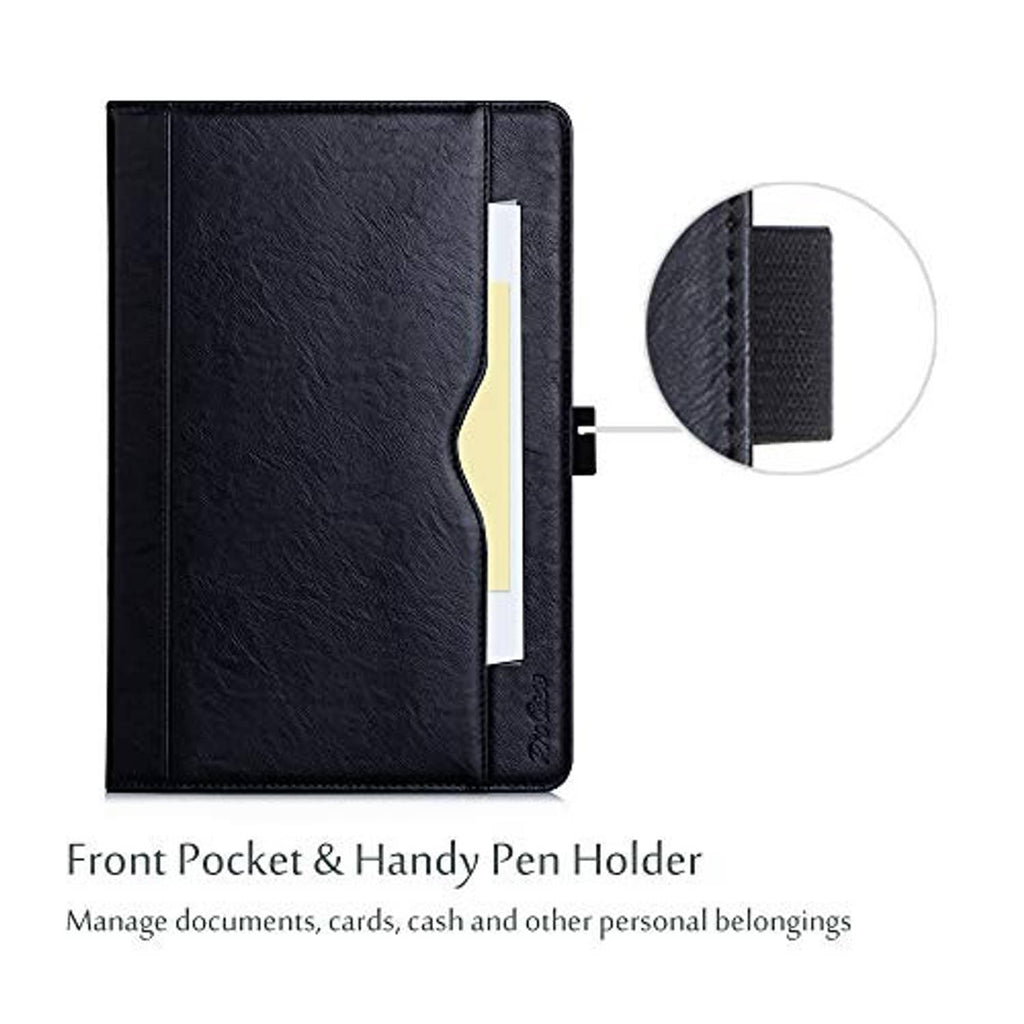 Procase leather folio case with front pocket and pen holder, black