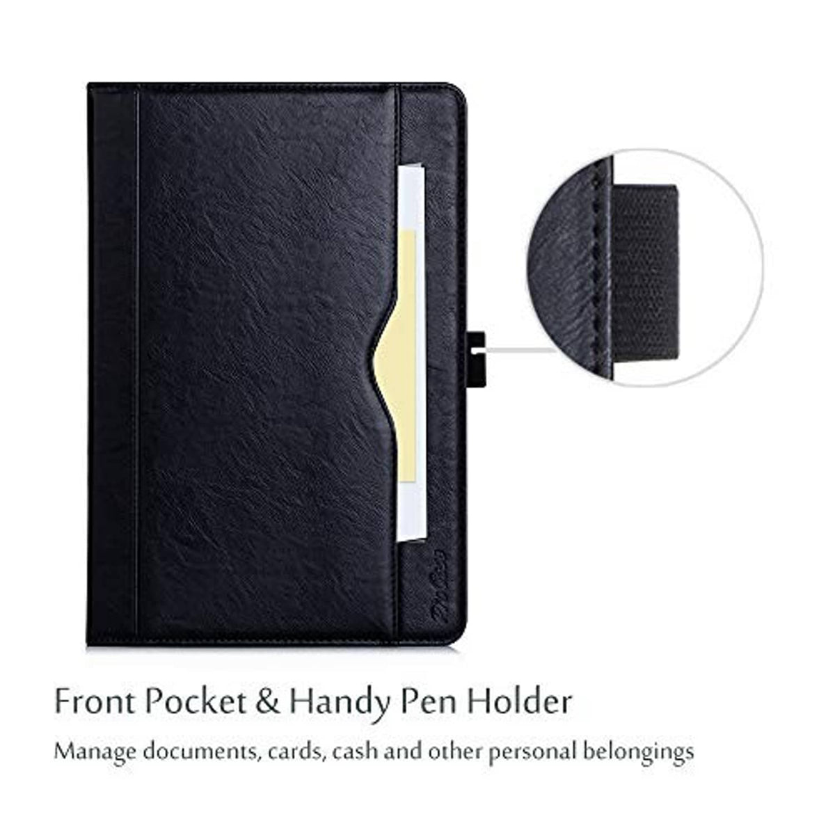 Procase leather folio case with front pocket and pen holder, black
