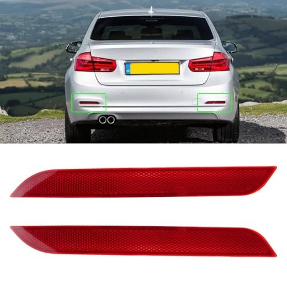 Red rear bumper reflector lens pair for rear bumper, angled with textured surface