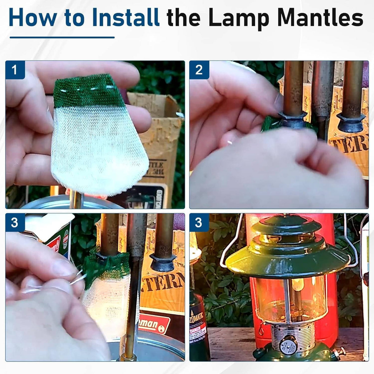Hand installing a green-and-white lantern mantle onto a Coleman lantern burner