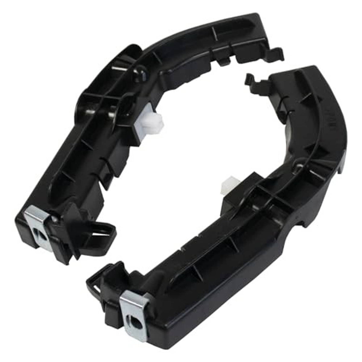 Front bumper support bracket, left side, black plastic with silver metal mounting clips.