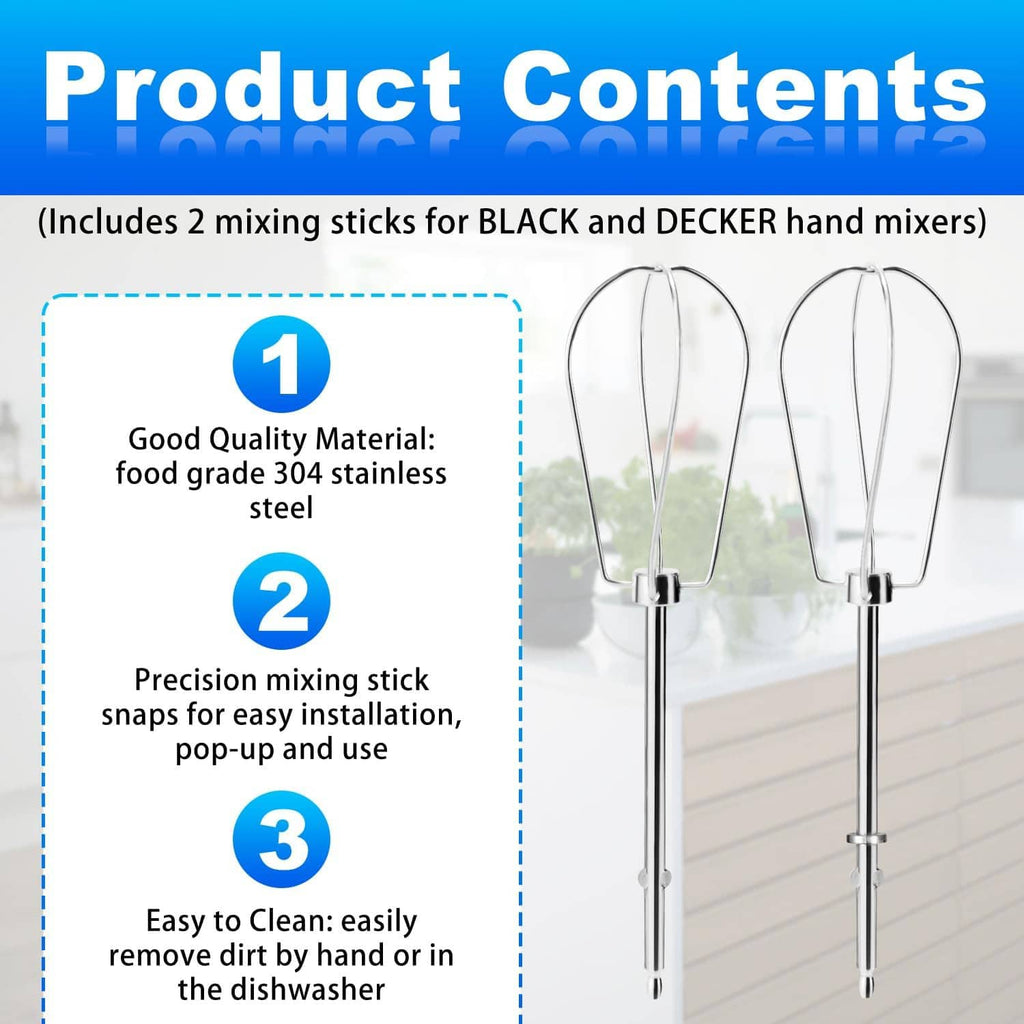 Pair of stainless steel hand mixer beaters with wire whisk heads and snap-in ends