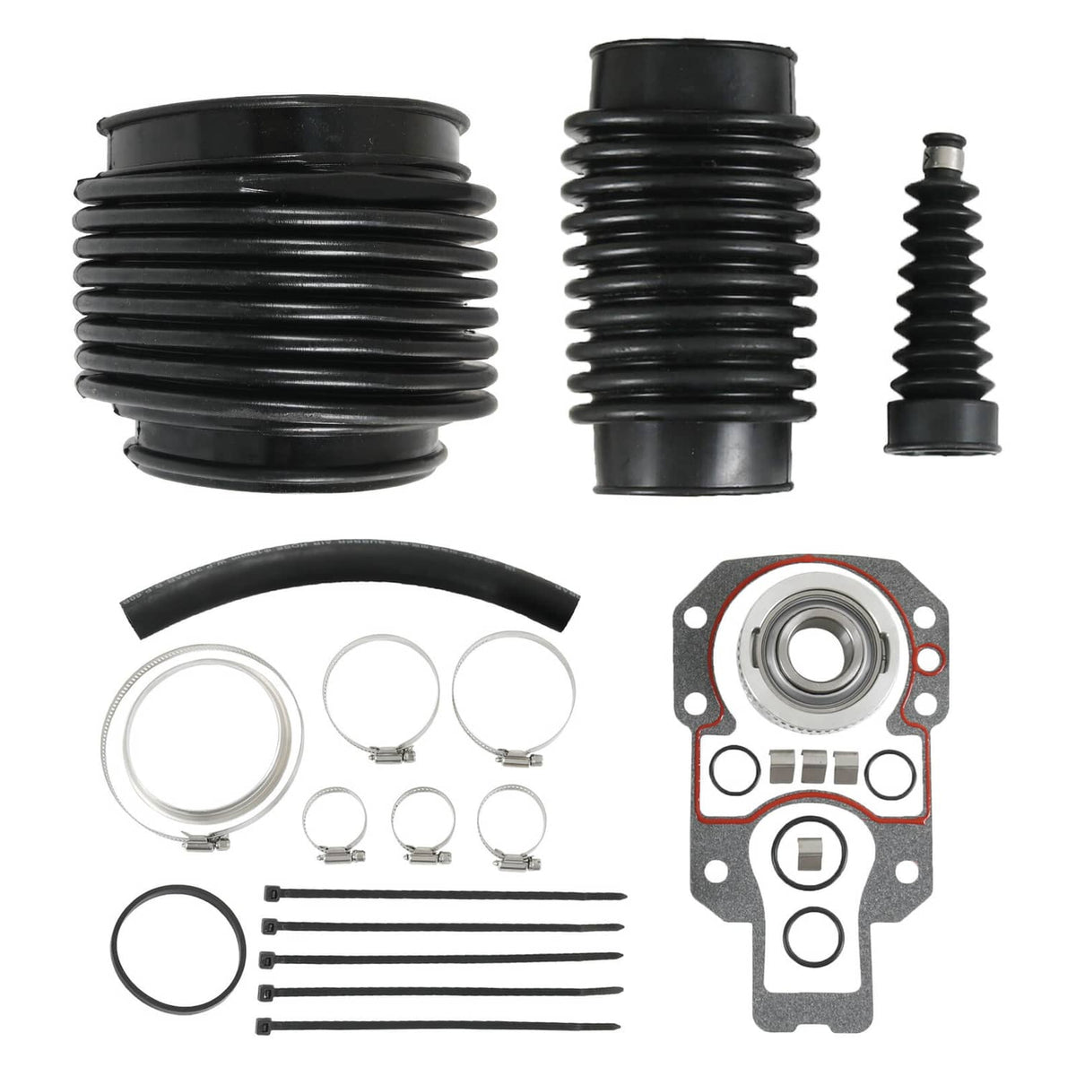 Outboard transom bellows repair kit with black rubber boots, seals, and clamps