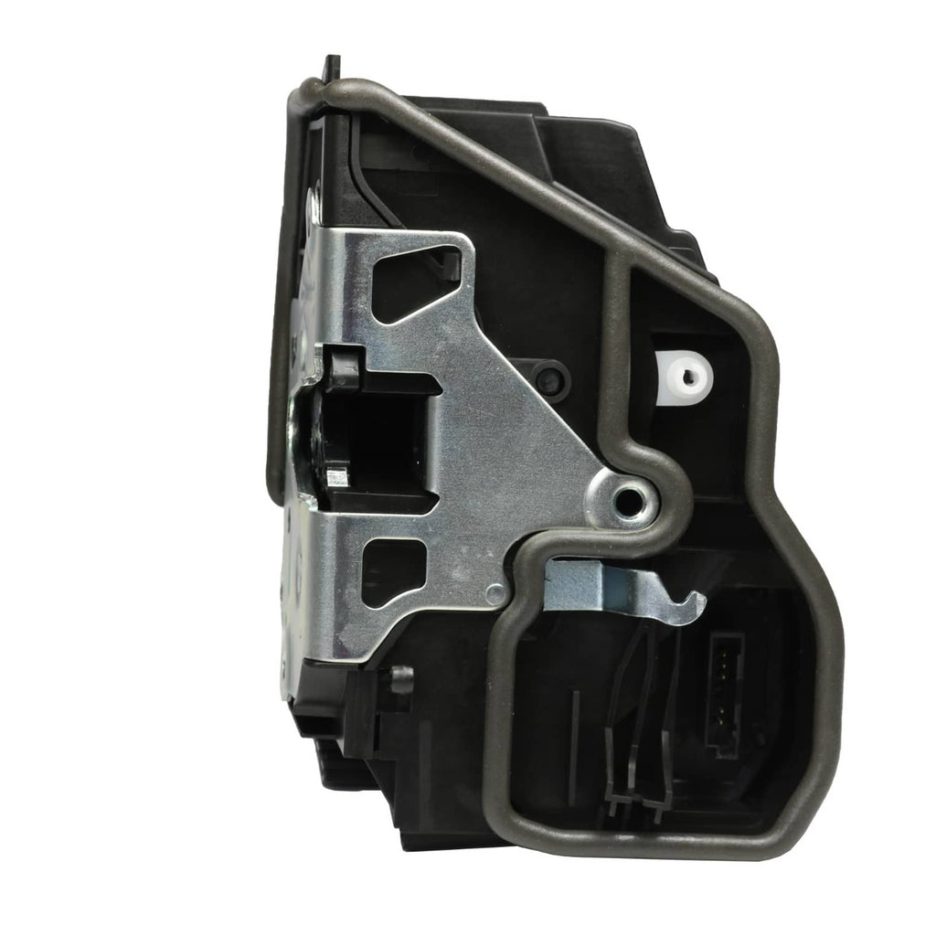 Power door lock latch actuator with metal linkage arm and black connector housing