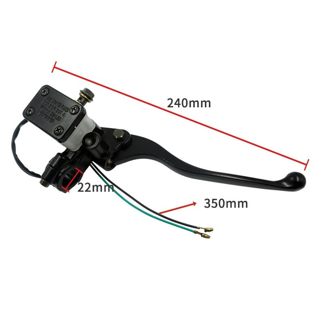 Front brake master cylinder with black lever and attached wire harness