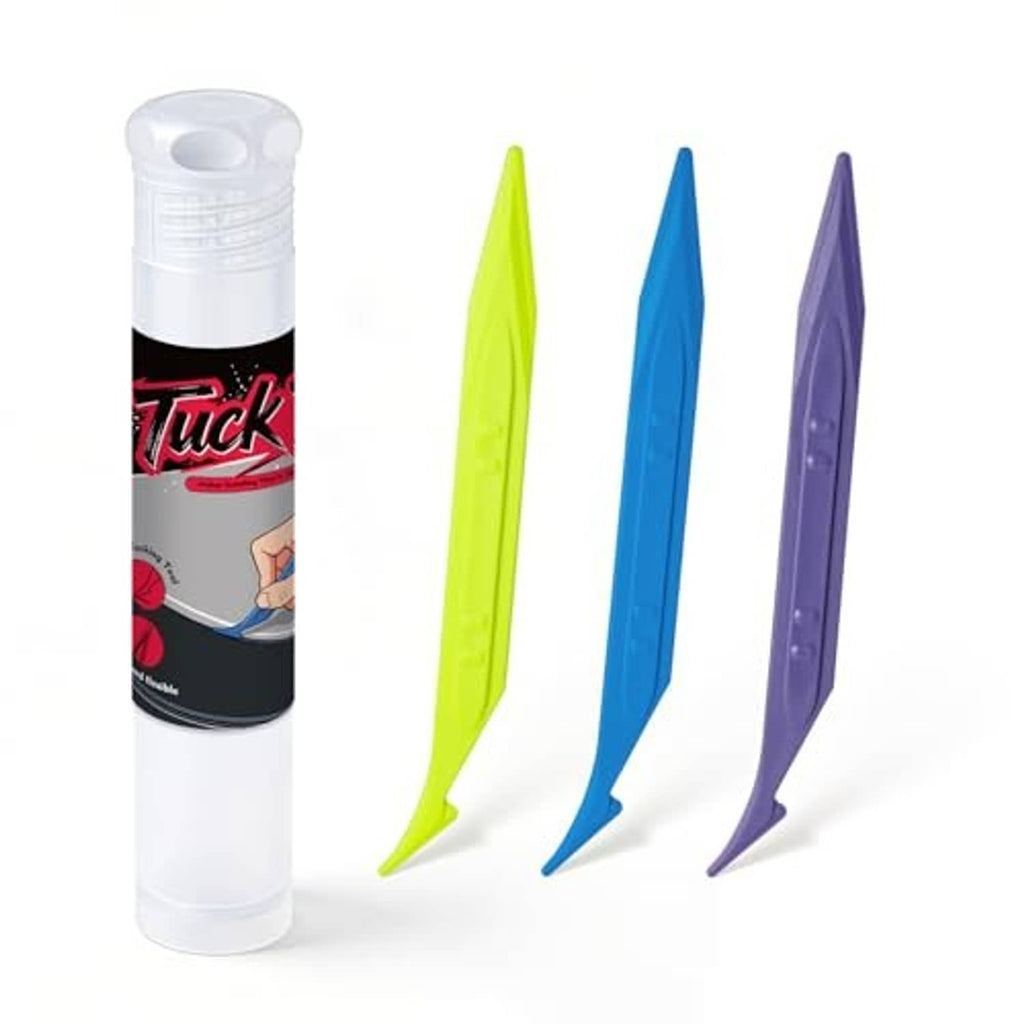 Vinyl wrap tucking tool kit with three double-edge tuck tools and clear storage tube