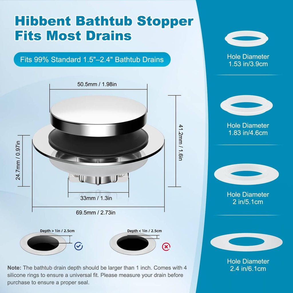 Silver pop-up bathtub drain stopper with black top, shown with size measurements