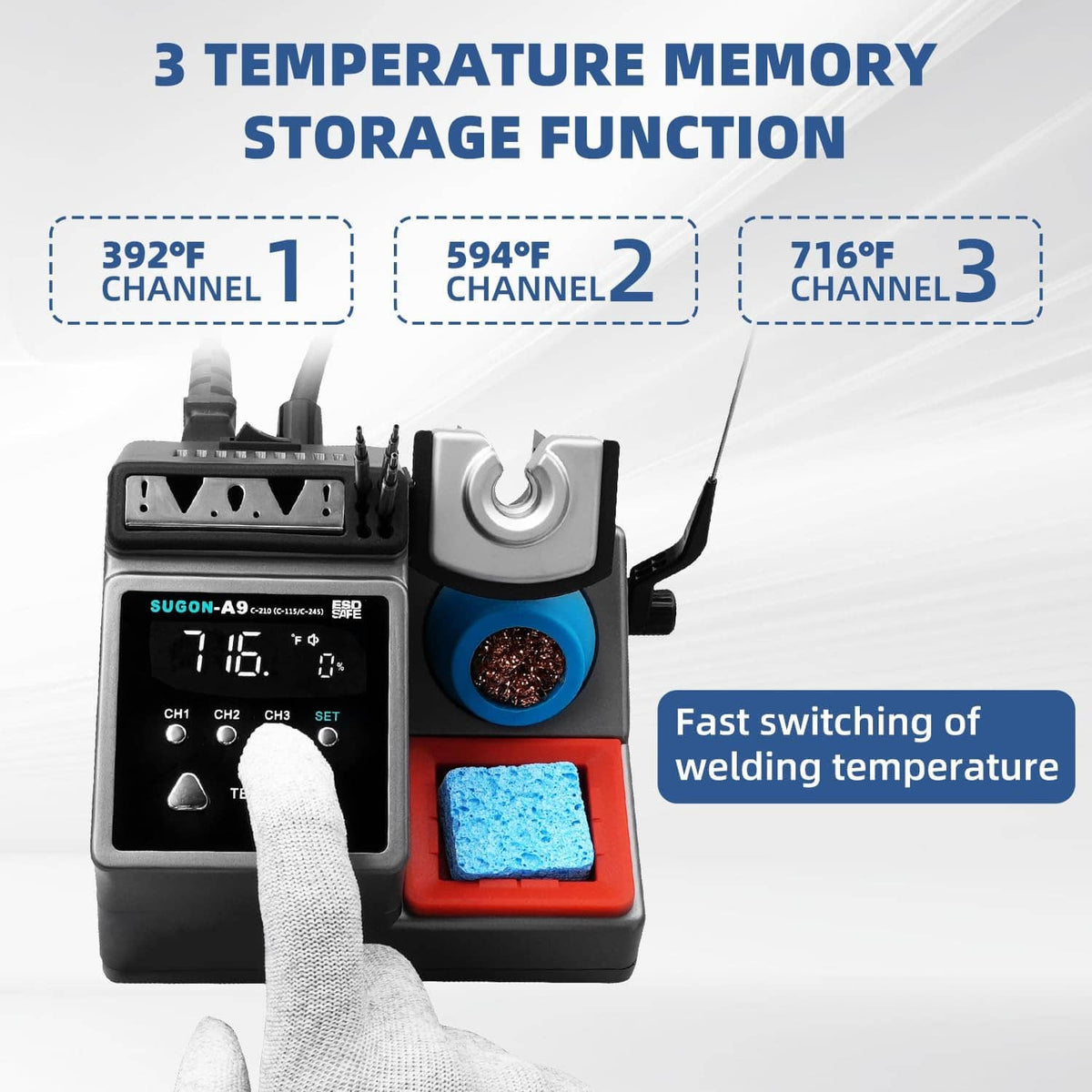 Digital soldering station with LCD showing three temperature memory channels