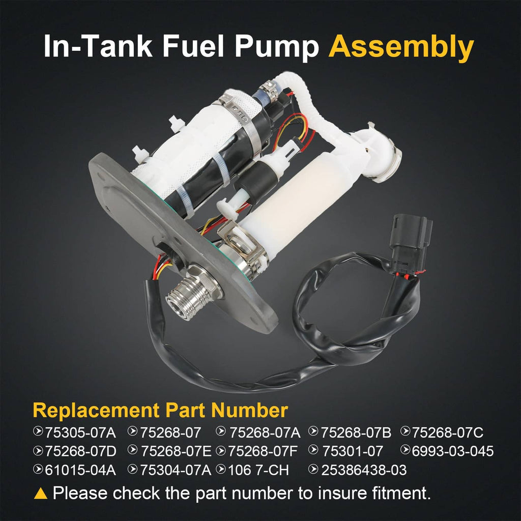 In-tank fuel pump assembly with white plastic housing, metal flange, and connector leads