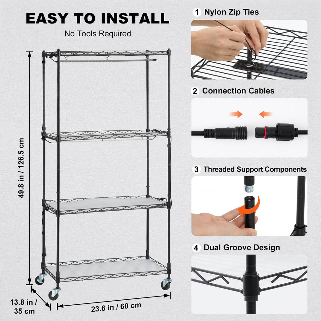 4-tier metal plant stand with wheels; assembly steps show zip ties and connection cables